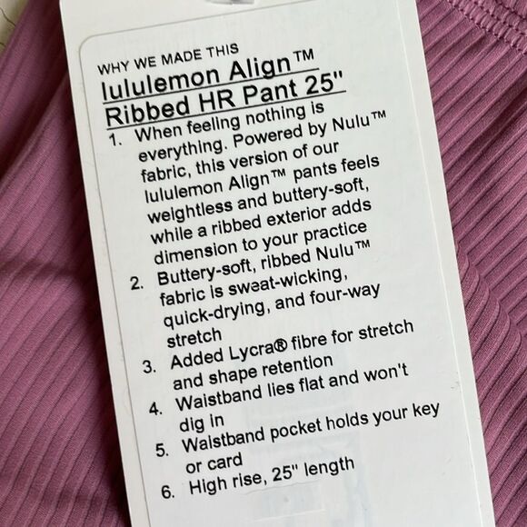 NWT LULULEMON ALIGN RIBBED HIGH RISE PANT 25” velvet dust size 4 pink lilac purp - Picture 4 of 4